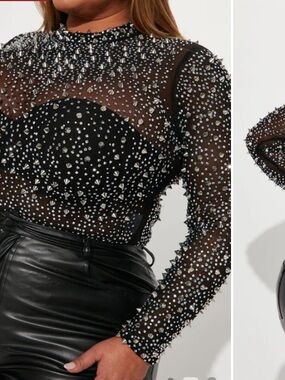 Studded Black Sheer Long-Sleeve Women’s Bodysuit